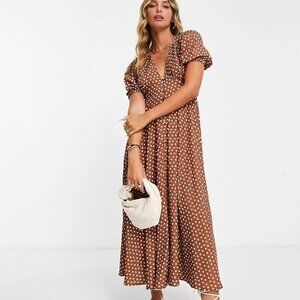 RIVER ISLAND Polka Dot Midi Dress In Brown US 14 NWT